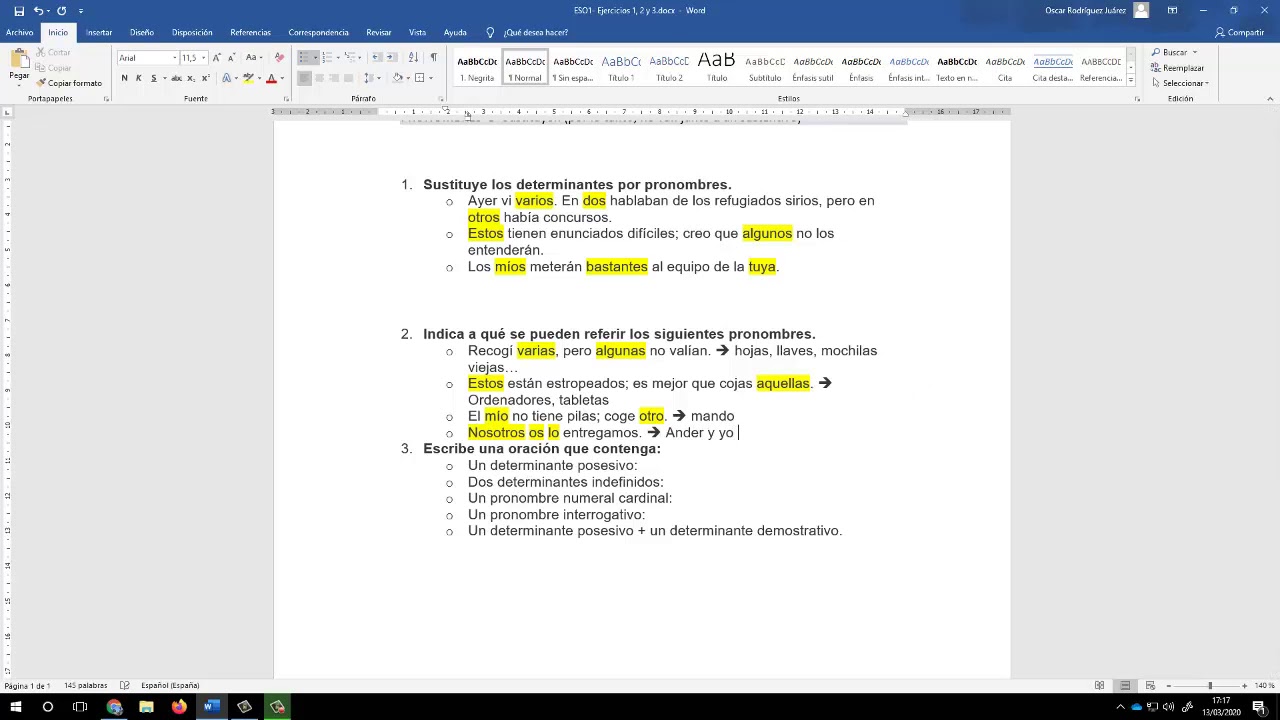 ejercicios de pronombres y determinantes con soluciones