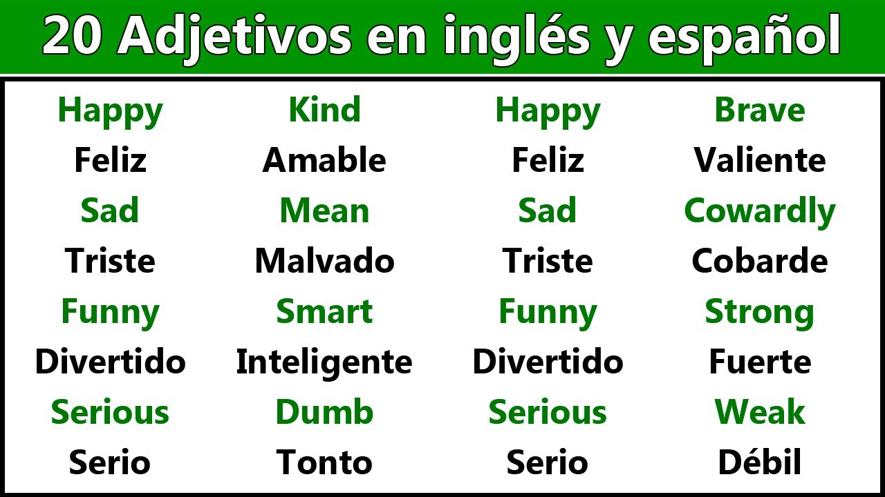 20 adjetivos de dos silabas en ingles y español